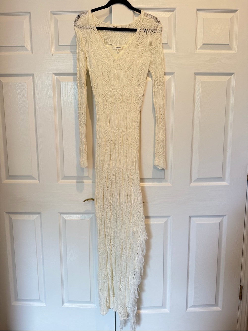 La Lavon Cream Pointelle Knit Fringe Maxi Dress L